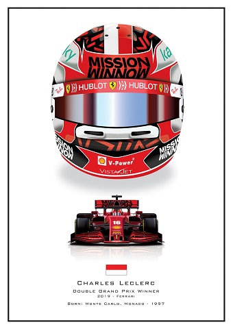 charles leclerc ferrari f1 grand prix race helmet poster print