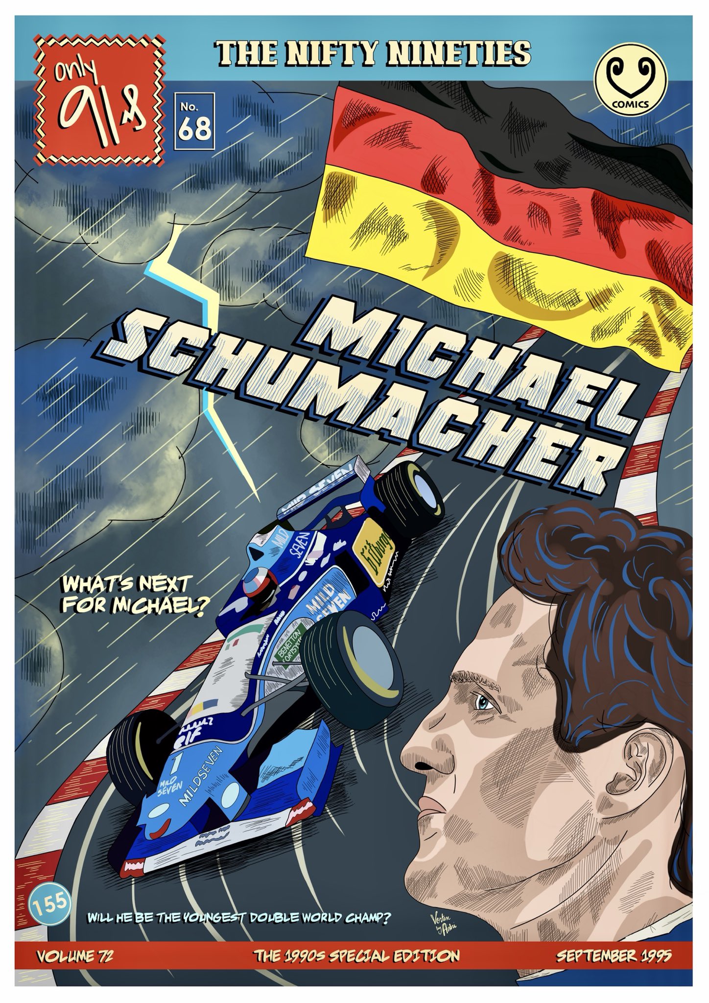 Michael Schumacher 1995 comic advertising F1 race poster — in both A3 and A2 sizes