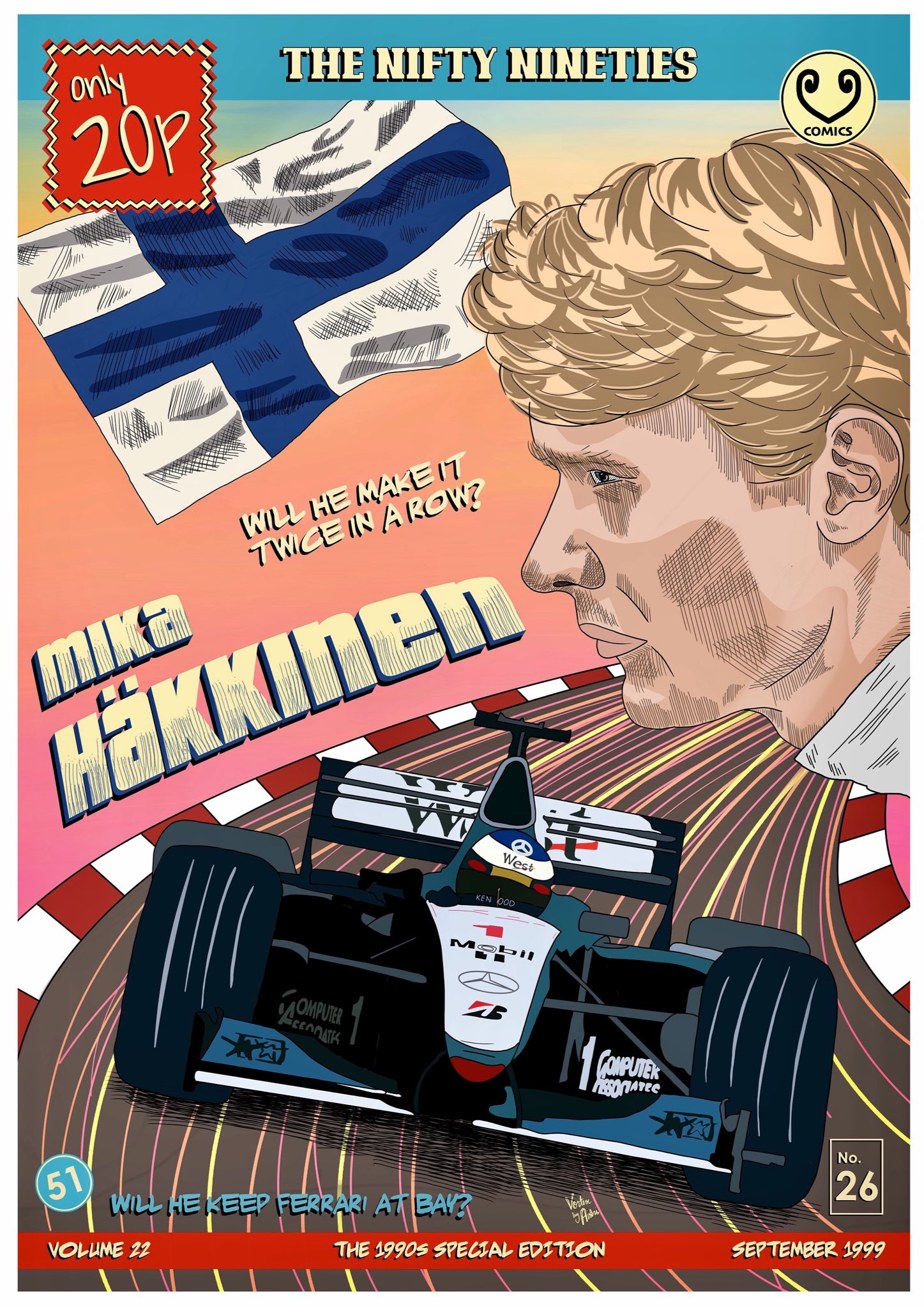 Mika Häkkinen 1999 comic racing poster — collectible F1 art print