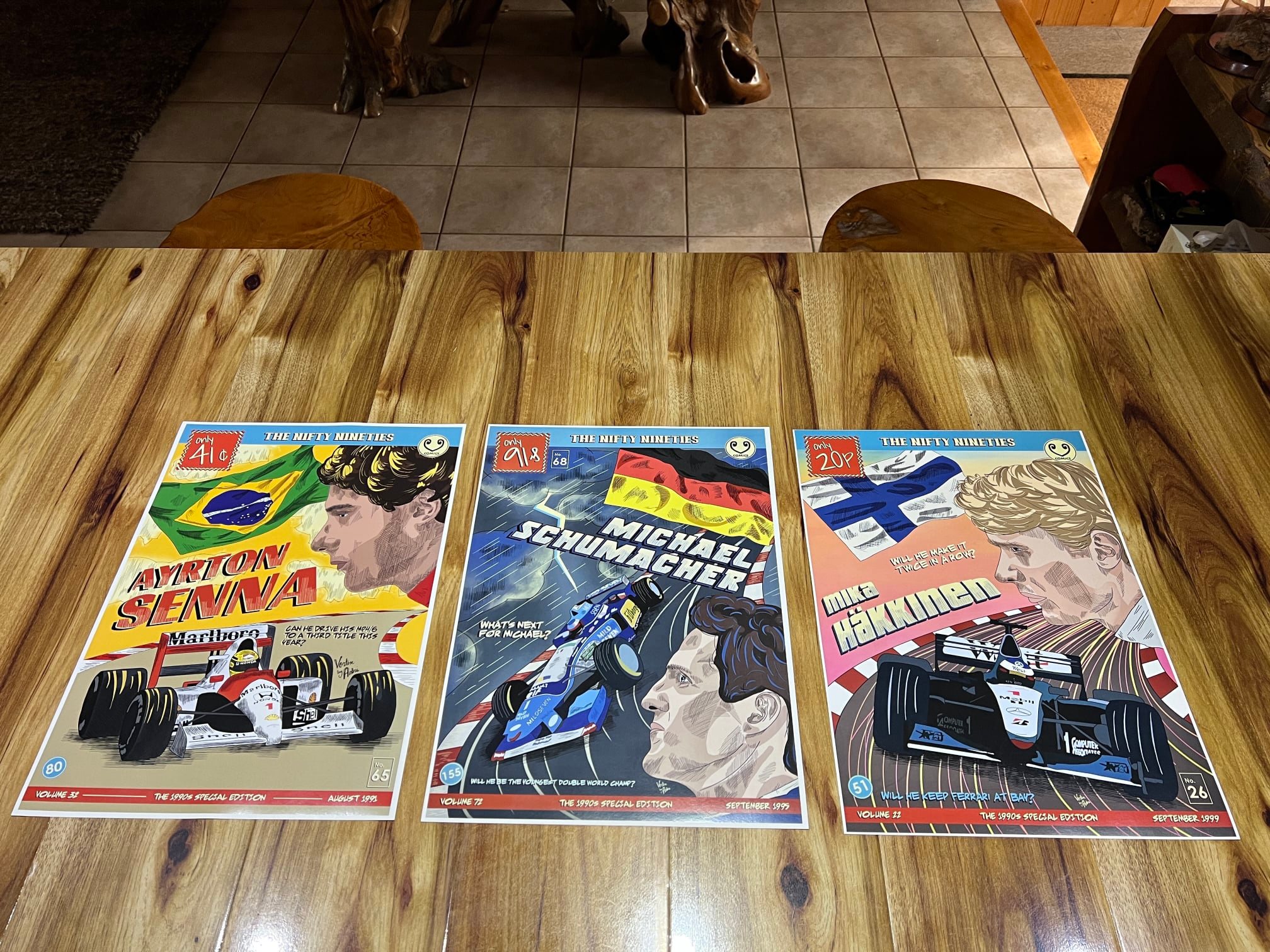 formula 1 comic advertising posters senna, schumacher, hakkinen