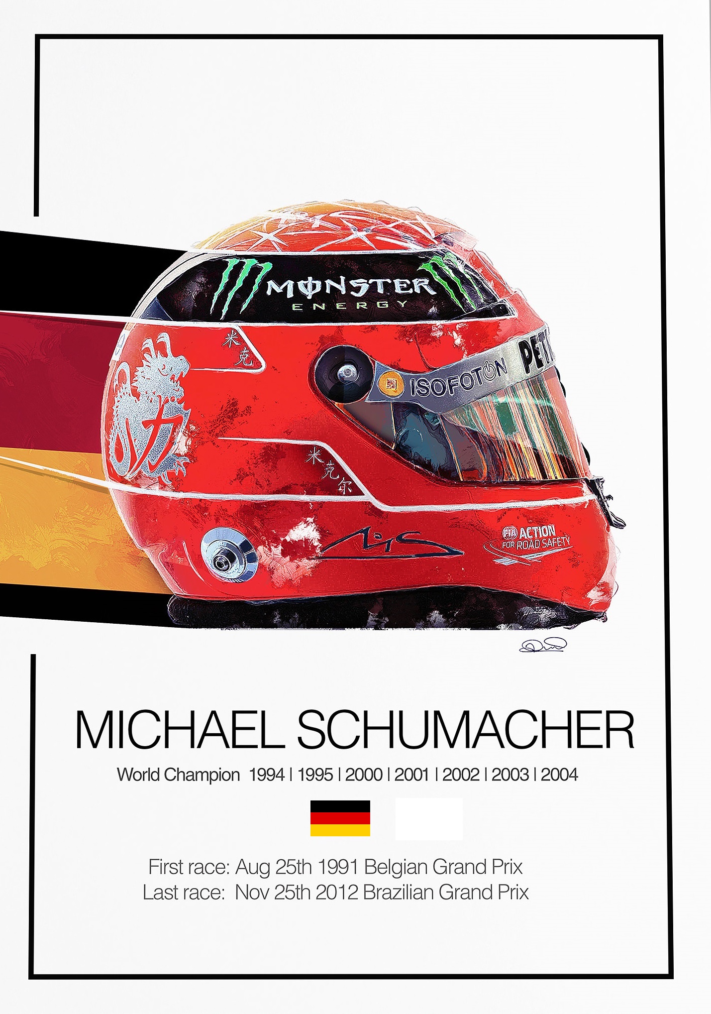 Michael Schumacher Ferrari limited-edition F1 helmet prints – A3 satin finish artworks